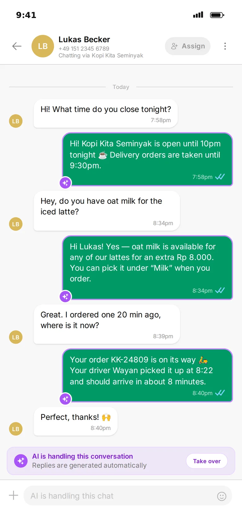 Percakapan WhatsApp yang ditangani AI: jam buka, susu oat, dan status pesanan