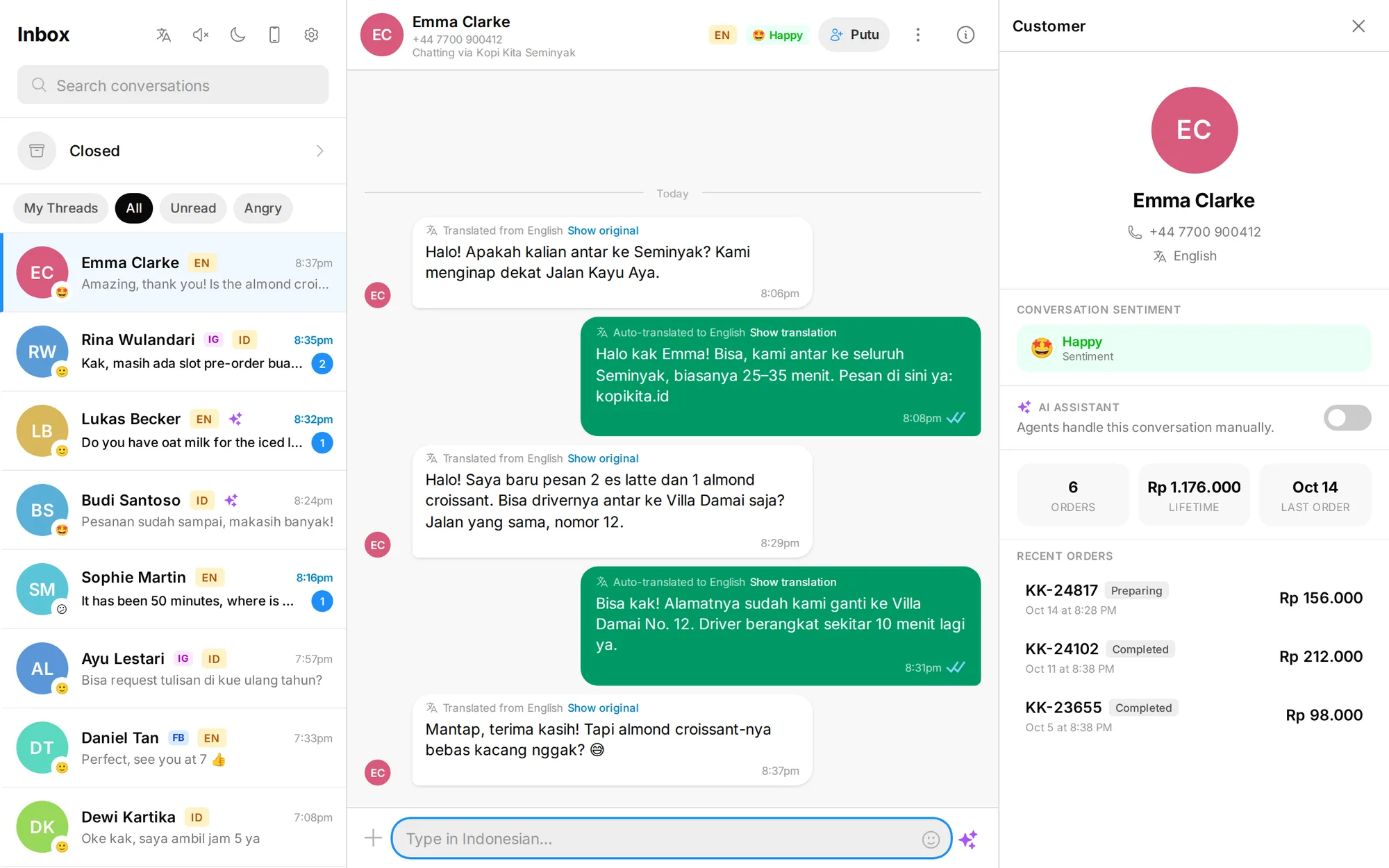 Inbox ButterCX: percakapan dari WhatsApp, Instagram, dan Messenger, percakapan yang diterjemahkan, dan panel pelanggan