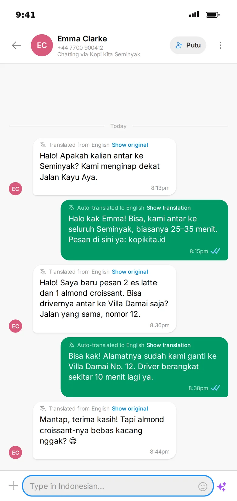 Percakapan di ButterCX: pesan pelanggan diterjemahkan ke Bahasa Indonesia, balasan staf diterjemahkan otomatis ke bahasa Inggris