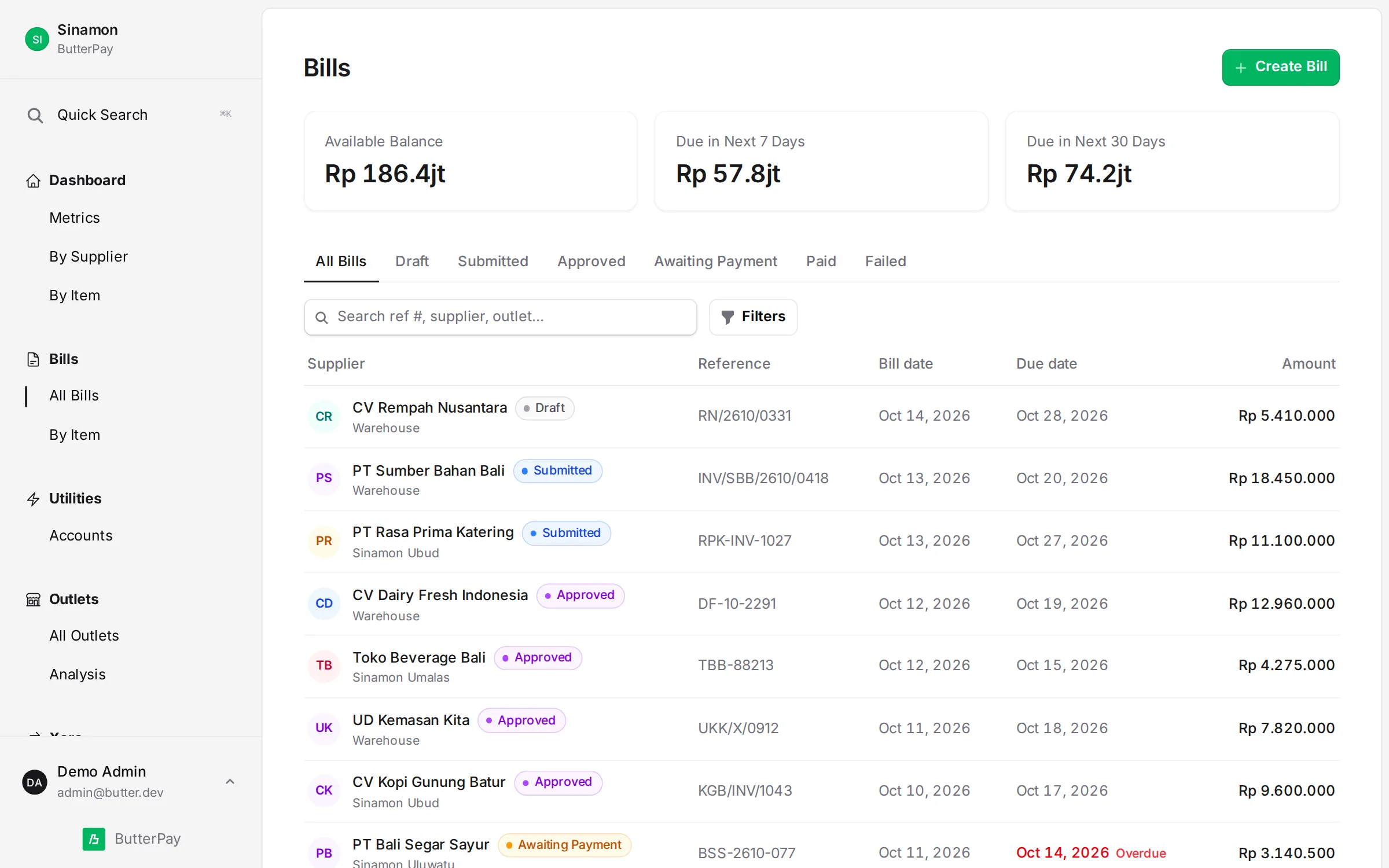 Daftar tagihan ButterPay dengan saldo tersedia, jatuh tempo, dan status setiap tagihan