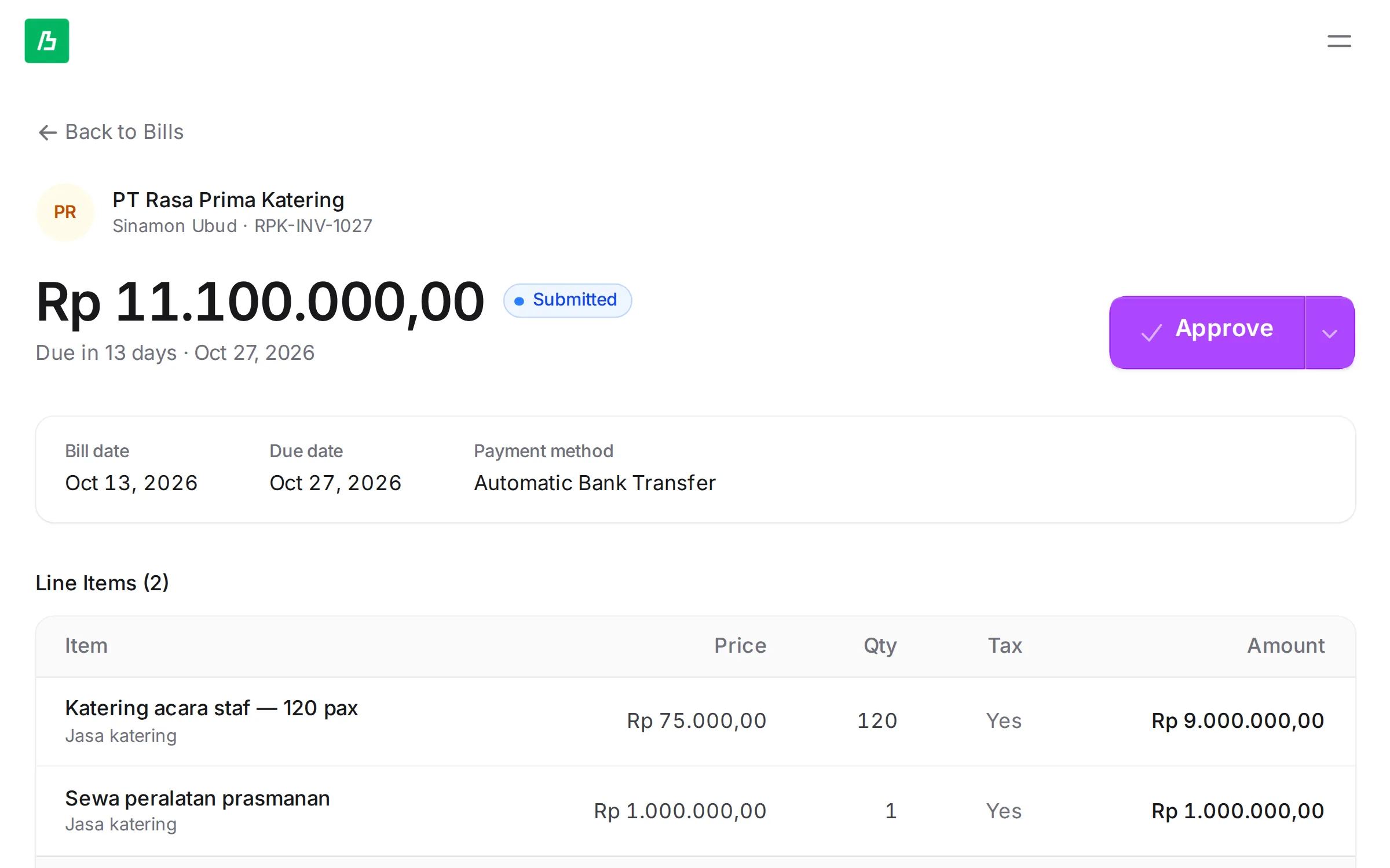 Detail tagihan katering dengan PPN, jatuh tempo, dan tombol setujui