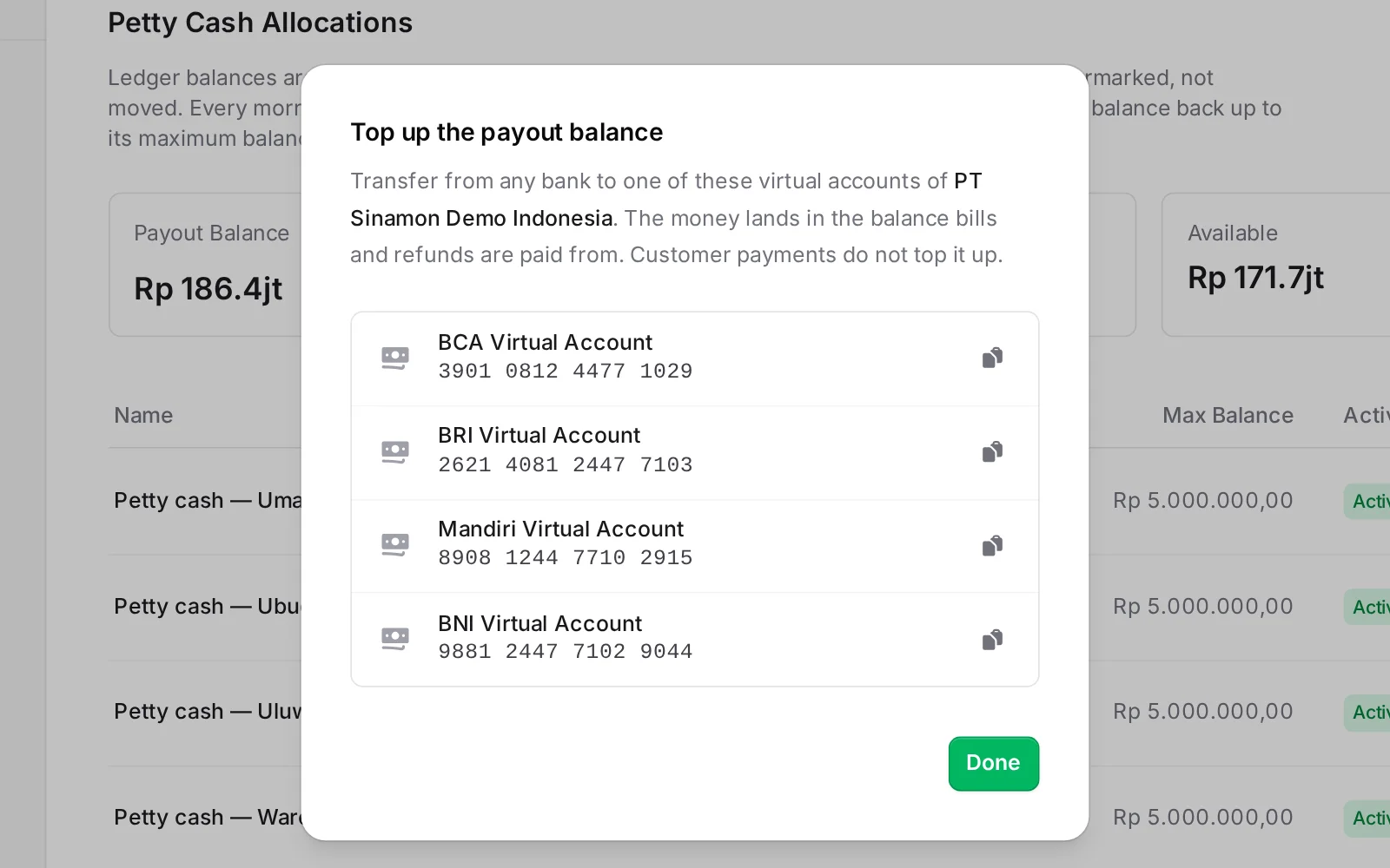 Dialog isi saldo ButterPay dengan virtual account BCA, BRI, Mandiri, dan BNI