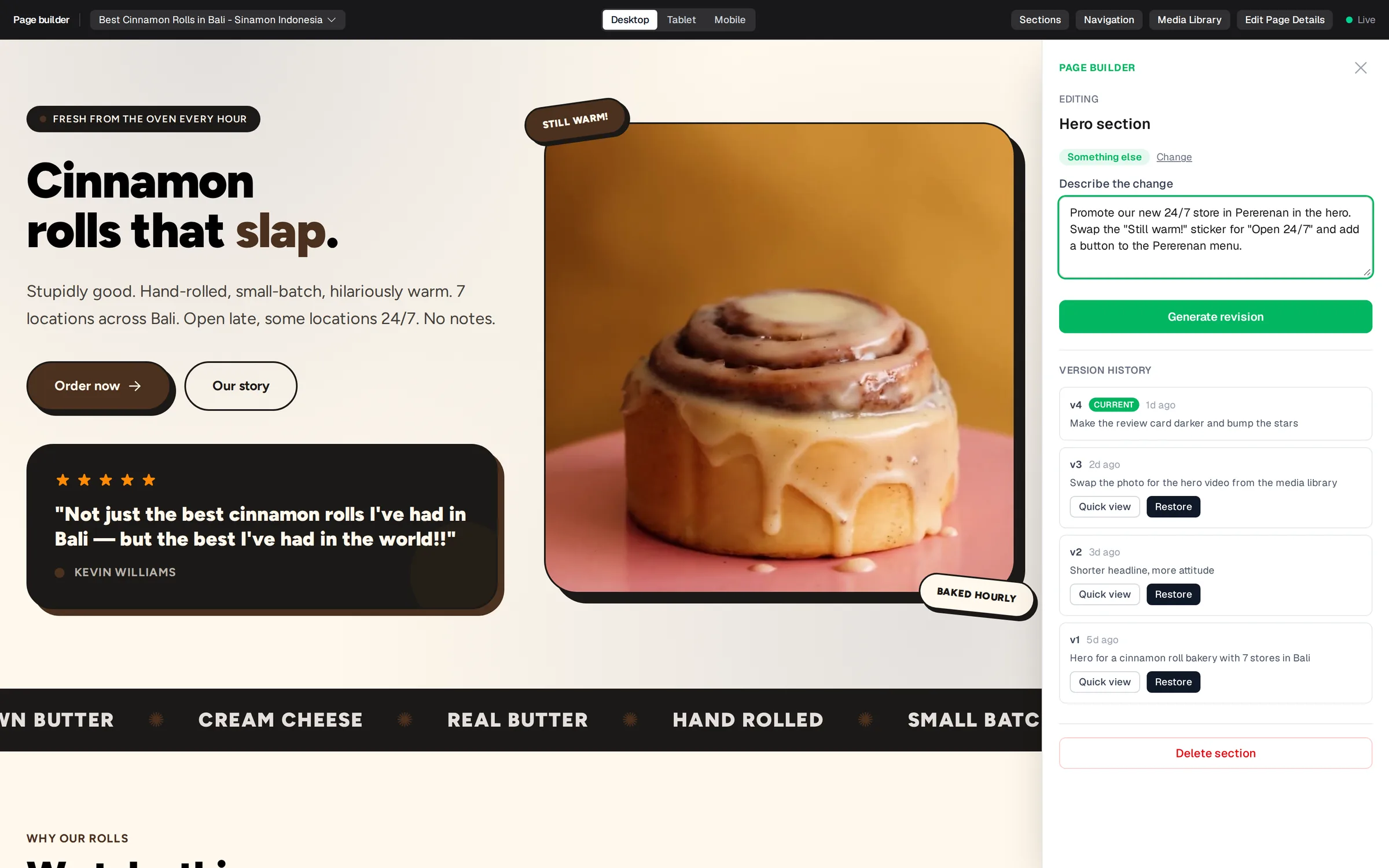 Page builder ButterSite: halaman di kiri, panel AI dengan permintaan perubahan dan riwayat versi di kanan