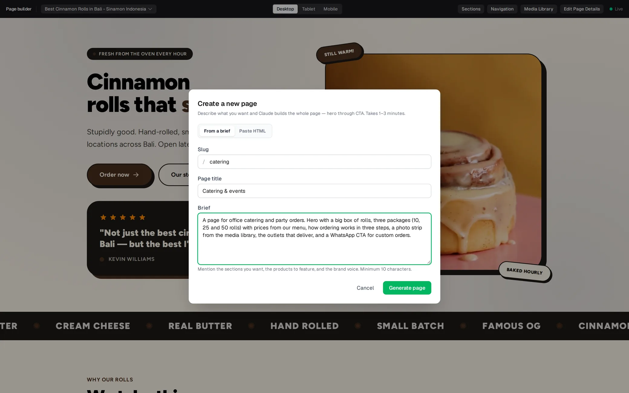 Membuat halaman baru dari ringkasan di page builder