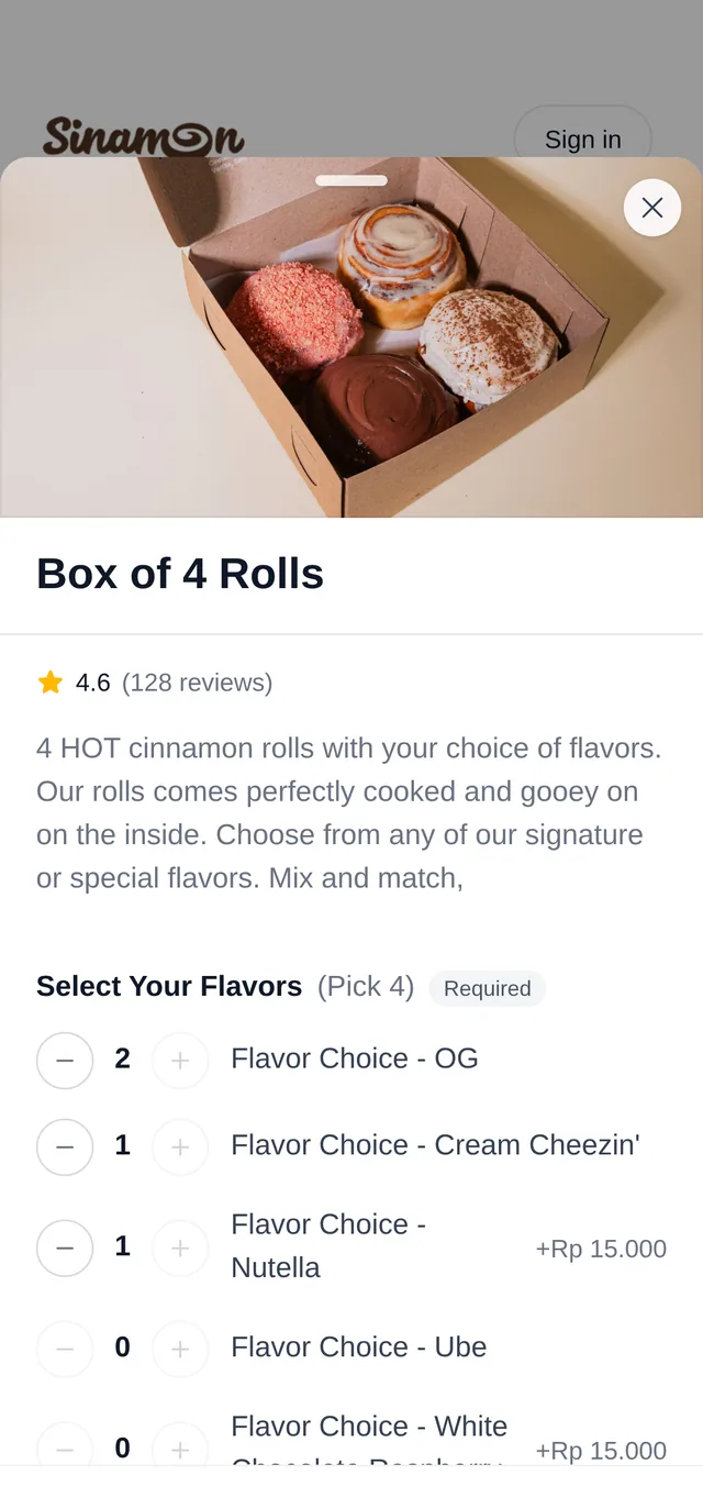Detail produk Box of 4 Rolls dengan pilihan rasa